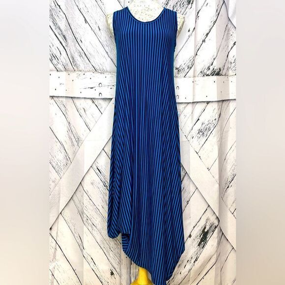 "Comfy USA" Maxi Dress Sleeveless Blue & Black Striped Balloon Hem Size S - Picture 1 of 5